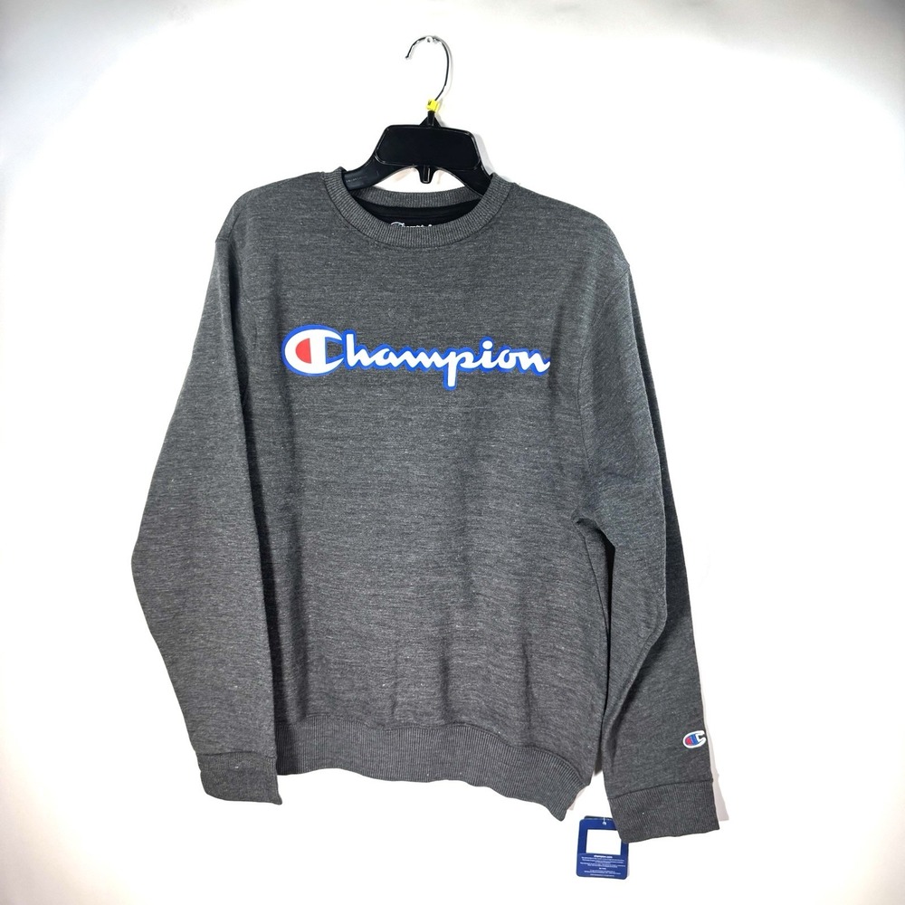 Champion Men's Fleece Sweatshirt Long Sleeve Crew Neck Script Logo Gray Size M